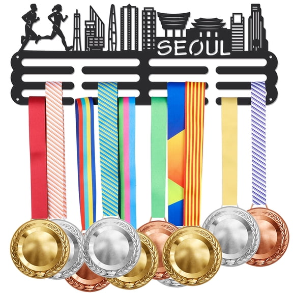 Metal Hook Run Seoul Cityscape Hanger Rack Frame for Over 60 Medals Running Metal Medal Hanger and Ribbon Display Holder Rack Exercise Medal Hanger