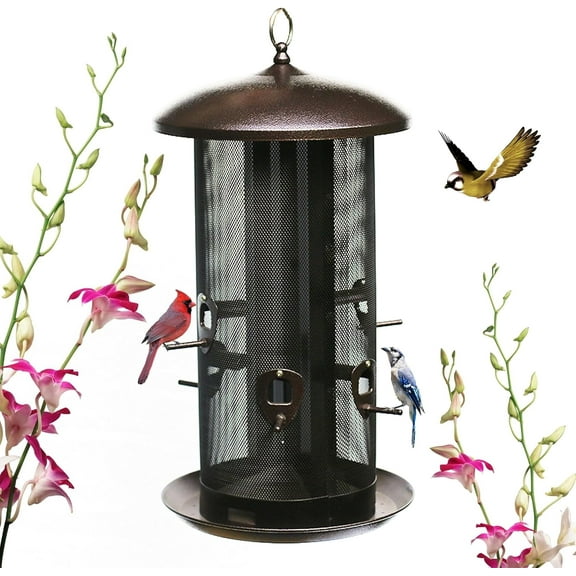 Metal Hopper Bird Feeder, Dual Seed Compartments, 10 Feeding Ports, Holds 10lbs Seed, Attracts Cardinals, Titmice, Nuthatches