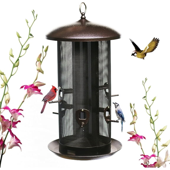 Metal Hopper Bird Feeder Two ChambersHeavy Duty Mesh Metal Dual Seed Compartments Outdoor Hanging Wild Bird Feeder with 10 Feeding Ports,10lbs Seed Capacity