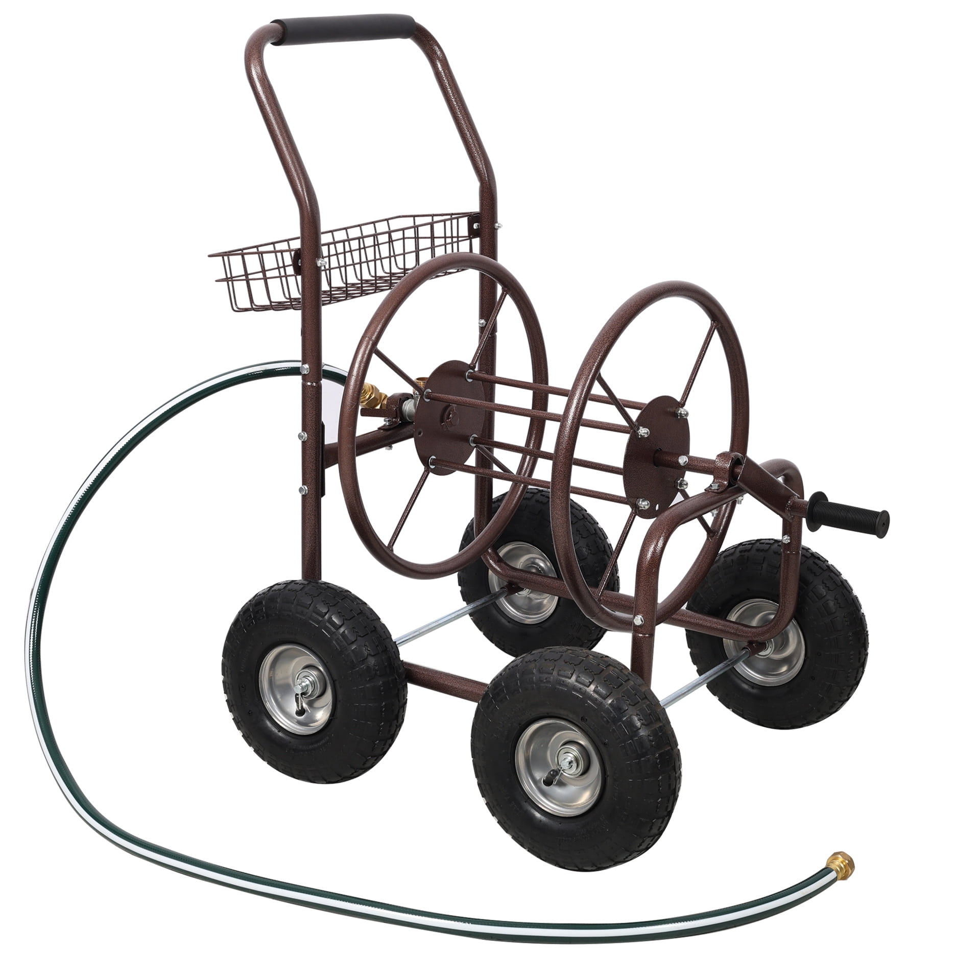 Metal Hose Reel Cart with Wheels, Heavy Duty Steel Reel, Outdoor Water Hose Caddy for Backyard, Garden, or Lawn, 250 Ft Hose Capacity