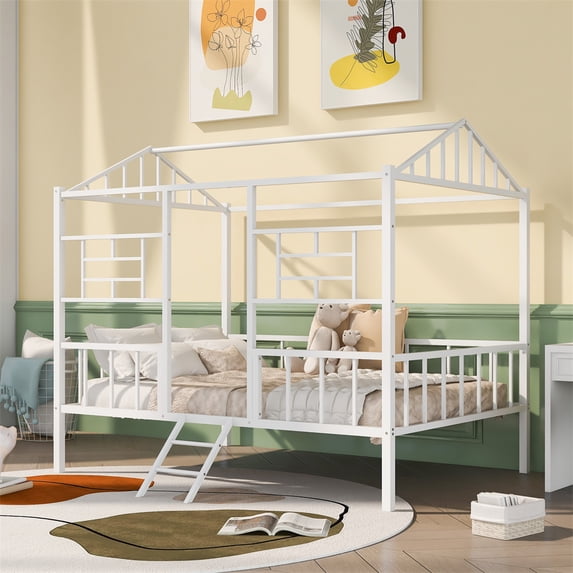 Metal House Bed Frame with Roof and Ladder, Full Size Low Loft Platform Bed Frame with Full-Length Guardrails and Slatted Support for Kids Teens Boys and Girls, No Box Spring Needed, White