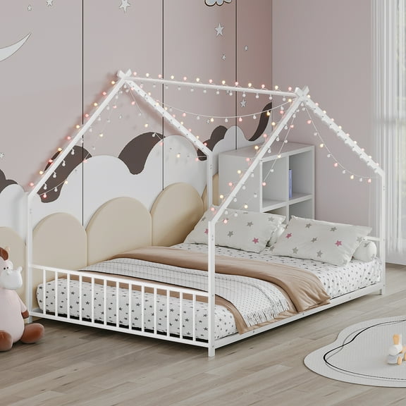 Metal House Bed, Full Size Low-Profile Steel Bed Frame with Roof Design, LED Light Strip with Remote, White Iron Platform Bed, No Box Spring Needed