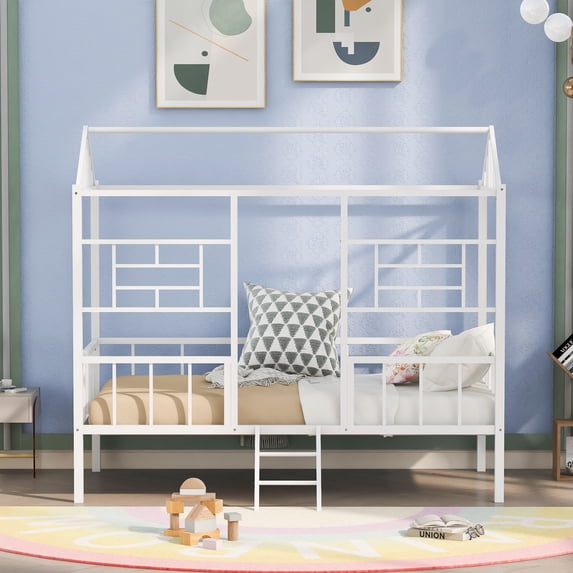 Metal House Bed with Roof and Windows, Twin Size Platform Bed Frame with Full-Length Guardrails and Ladder, Multifunctional Low Platform Bed Tent Bed, Can Bed Decorated, No Box Spring Needed, White