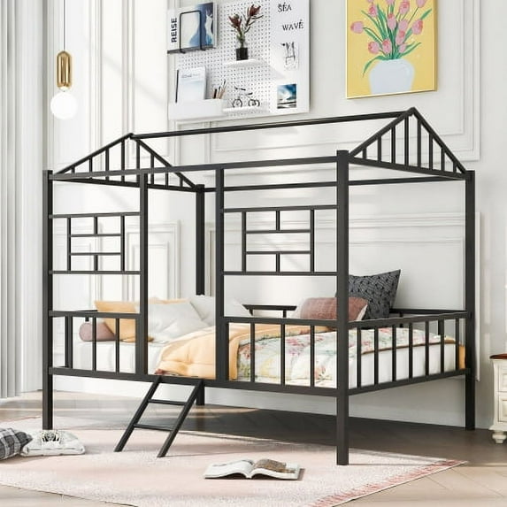 Metal House Bed, Twin Size Platform Bed Frame with Full-Length Guardrails and Ladder,Low Loft Bed Frame with Roof and Windows for Boys and Girls,Black