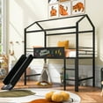 thumbnail image 1 of Metal House Bed With Slide, Twin Size Metal Loft Bed with Two-sided writable Wooden Board (Black ), 1 of 9