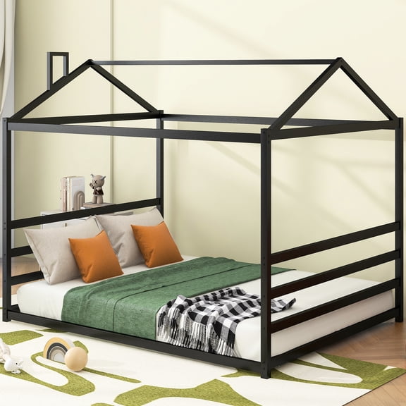 Metal House Shape Bed In Black, Queen - Delightful Rest Black Playful Design