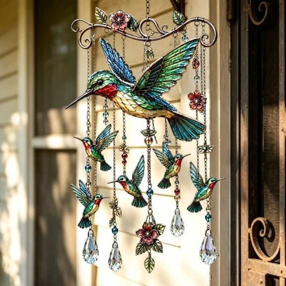 Metal Hummingbird Crystal Wind Chime Tained Glass Style Hanging Suncatcher With Teardrop Crystal Beads For Window Home Decor Gift(Green-55X24Cm)