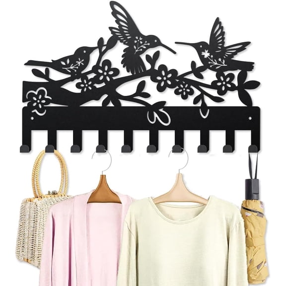 Metal Hummingbird Flower Coat Rack Wall Mount Bird Branch Coat Hooks 15.7×9.8inch 10 Hooks Tree Animal Key Holder for Wall Art Decor Gift Black Key Hooks for Coats Hats Towels Bags