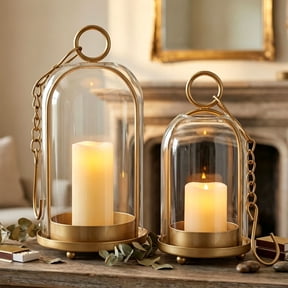 Metal Hurricane Candle Holder, 2PC Versatile Candle Holder with Sturdy Glass Dome for Pillar Candle, Modern Candle Lantern with Hanging Ring and Hook for Living Room