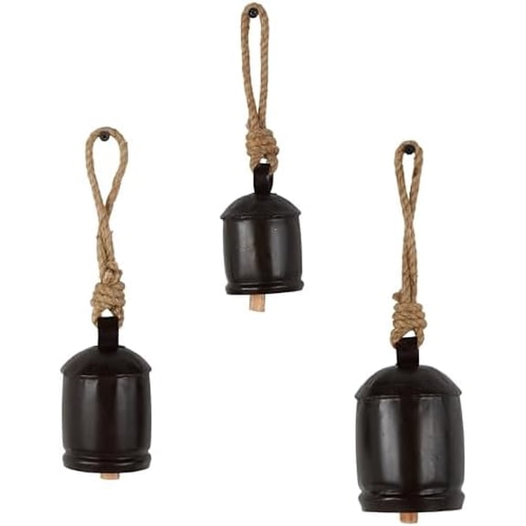 Metal Indoor Outdoor Decorative Cow Bells Cluster Meditation Bell with Jute Hanging Rope, Set of 3 Cow Bell 4", 3", 2" H, Black