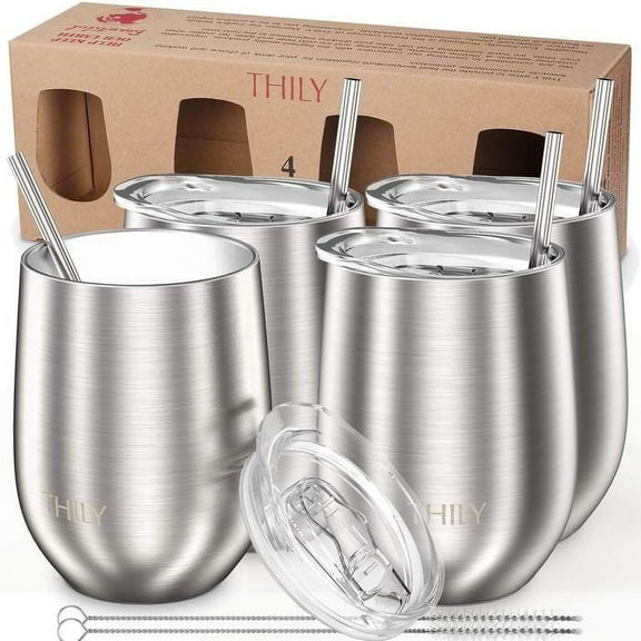 Metal Insulated Stemless Wine Glasses - THILY 4 Pack Stainless Steel Wine Tumbler with Lid and Straw, Travel Cup Set, Reusable, Keep Cold & Hot for Wine, Coffee, Drinks, Silver