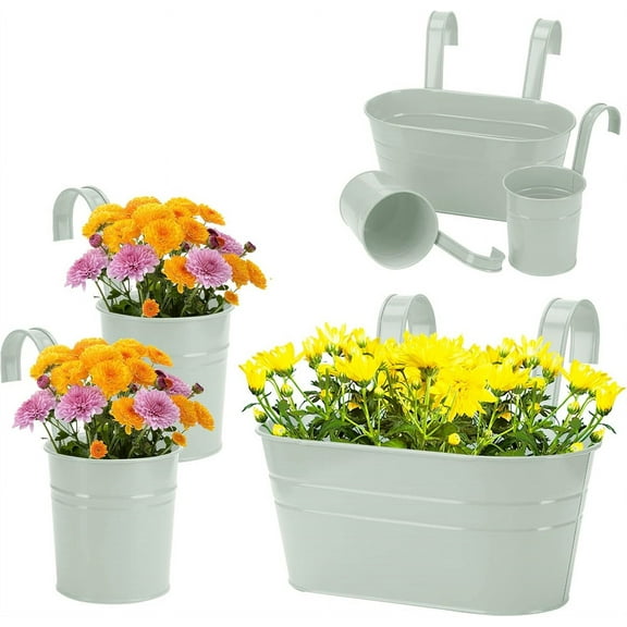 Metal Iron Flower Pot with Drainage Hole,Wall Hanging Planter,Light Blue Railing Planter Bucket with Detachable Hooks,Oval Rail Planters,for Home Farmhouse Balcony (3Pcs)