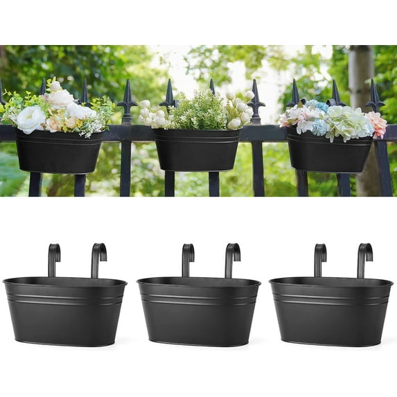 Metal Iron Hanging Flower Pots for Railing Fence Hanging Bucket Pots Countryside Style Window Flower Plant Holder with Detachable Hooks Home Decor,Black,3 Pcs