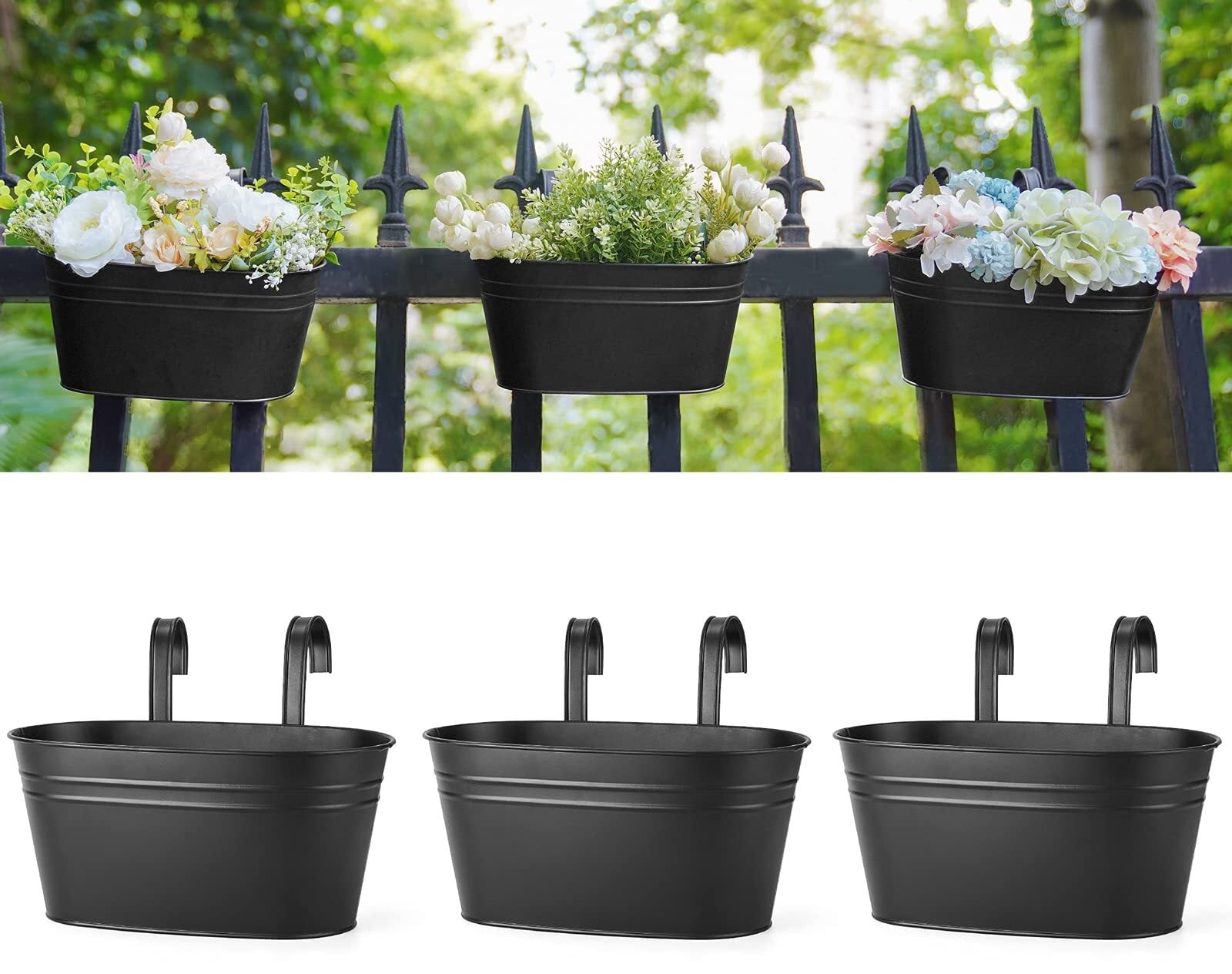Metal Iron Hanging Flower Pots for Railing Fence Outdoor Planter Hanging Bucket Pots Countryside Style Window Flower Plant Holder with Detachable Hooks Home Decor,Black,3 Pcs