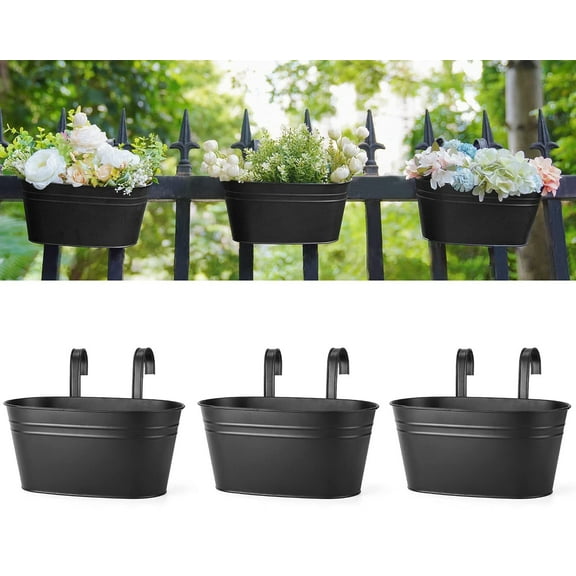 Metal Iron Hanging Flower Pots for Railing Fence Outdoor Planter Hanging Bucket Pots Countryside Style Window Flower Plant Holder with Detachable Hooks Home Decor,Black,3 Pcs