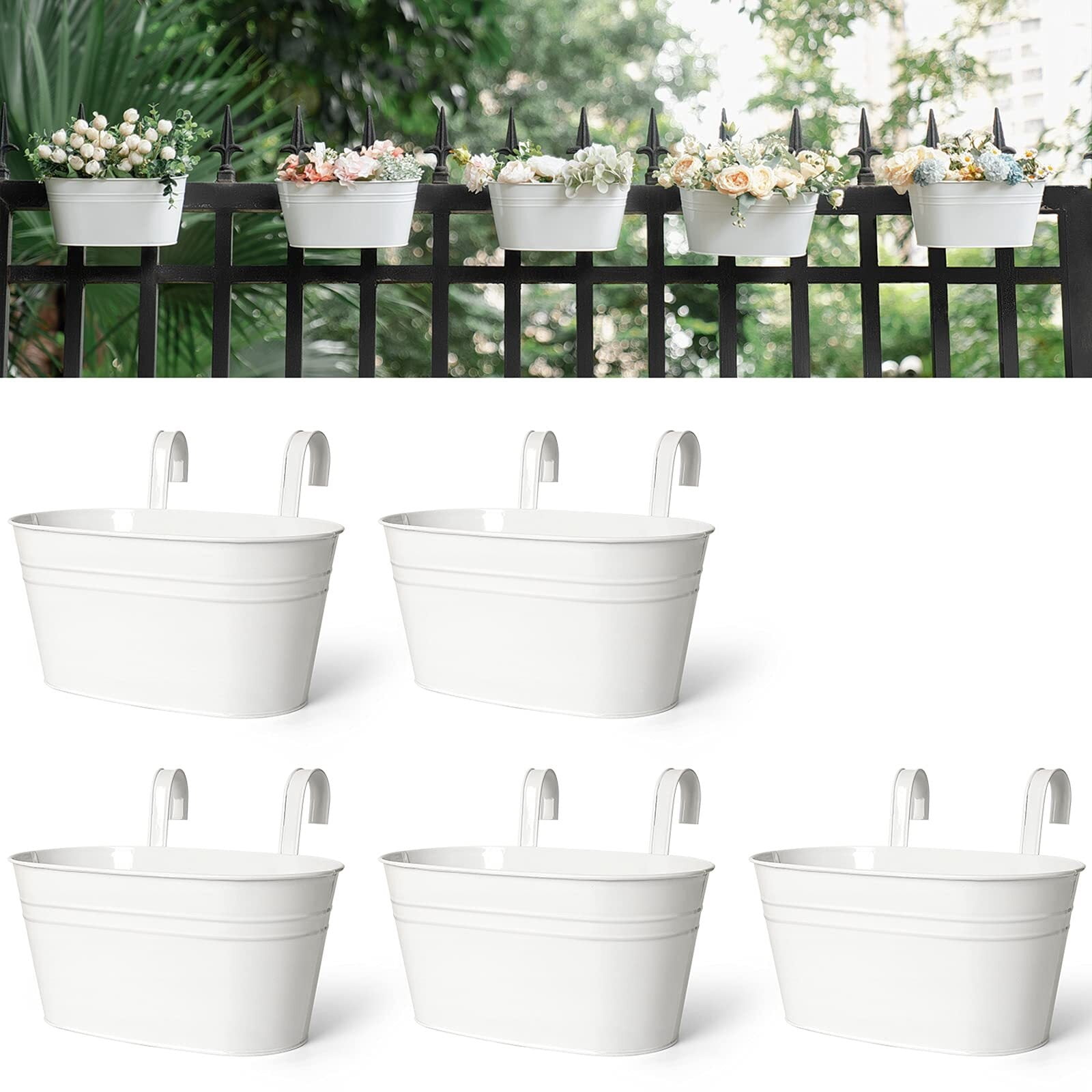 Metal Iron Hanging Flower Pots for Railing Fence Outdoor Planter Hanging Bucket Pots Countryside Style Window Flower Plant Holder with Detachable Hooks Home Decor,Black,3 Pcs