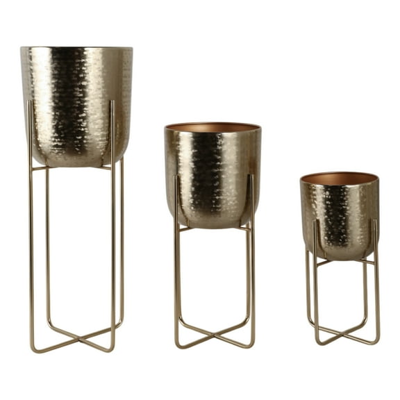 Metal Iron Planter Set with Textured Hammered Design and Modern Geometric Stands, Decorative Accent for Indoor or Outdoor Display, Set of 3