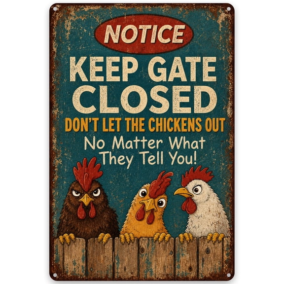 Metal Iron Wall Decor Sign - "Keep Gate Closed" Chicken Theme with Notice Message for Rustic Home Decor, Vintage Indoor/Outdoor Use, 8x12 Inch Weather Resistant Funny Art