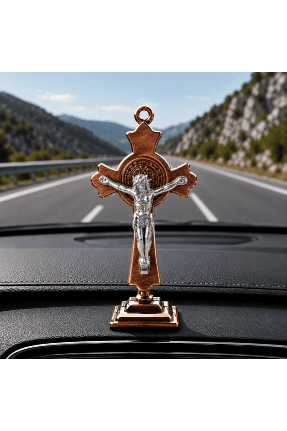 Metal Jesus Cross Dashboard Idol & Keychain | Crucifix Car Decor Key Ring for Auto Interior Prayer Gift | 0.11 lb