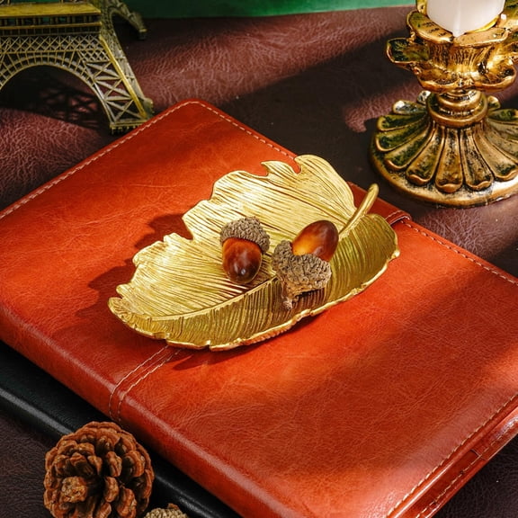 Metal Jewelry Dish, Small Leaf Shaped Ring Holder Jewelry Organizer, Trinket Dish Vanity Tray for Dresser Valentine's Day Christmas Birthday Wedding Gifts Elm Leaves-Gold