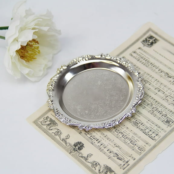 Metal Jewelry Tray Silver 10x10cm | European Style Decorative Plate | Small Dessert Dish Photo Prop