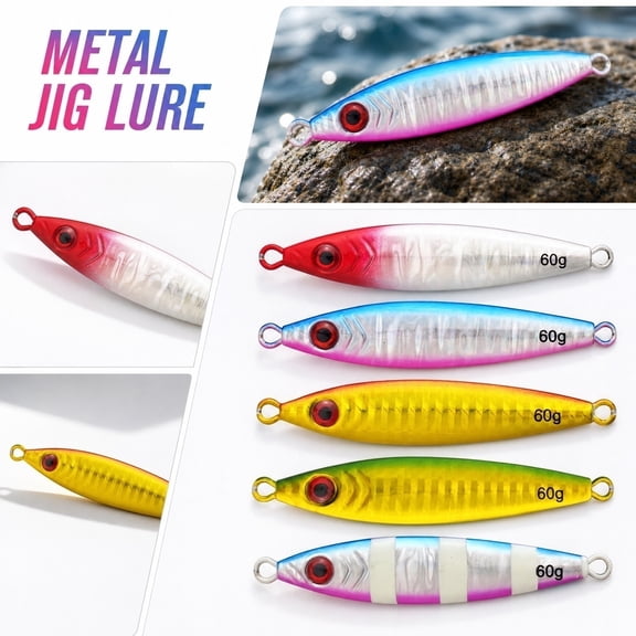 Metal Jig Lure Fluorescent Yellow with Red Eyes – Sleek Slender Design, Natural Flash & Wobble Action for Bass Trout Saltwater Freshwater Fishing