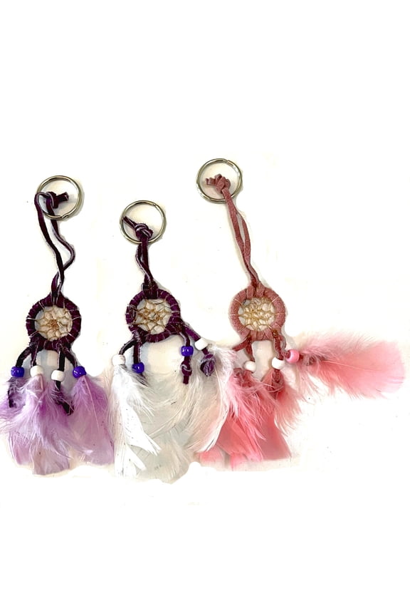 Metal Key Chains with 1.5" Diameter Dream Catchers Beads Leather Feather ~Set of 3