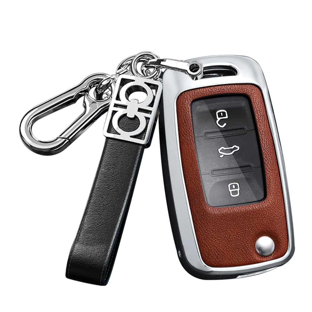 Metal Key Cover Leather Key Cover Fit for VW Flip Folding Key Fob Car Key Sleeve Key Jacket Fit for Volkswagen Jetta Tiguan Passat Polo Beetle Golf GTI/R/MK6 5 Santan Sharan Bora