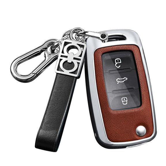 Metal Key Cover Leather Key Cover Fit for VW Flip Folding Key Fob Car Key Sleeve Key Jacket Fit for Volkswagen Jetta Tiguan Passat Polo Beetle Golf GTI/R/MK6 5 Santan Sharan Bora