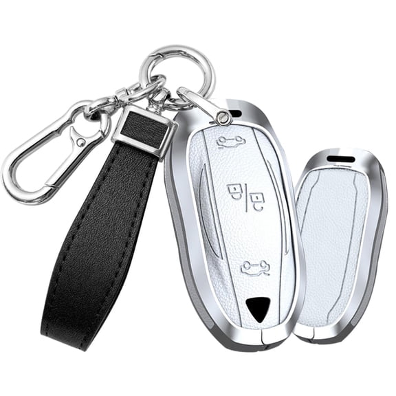 Metal Key Fob Cover Fit for TeslaFit for Model S/3/Y Leather key Protection Case Smart Remote Key Cover Accessory Protector Metal Keychain