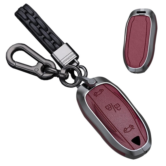 Metal Key Fob Cover Fit for TeslaFit for Model S/3/Y Leather key Protection Case Smart Remote Key Cover Accessory Protector Metal Keychain