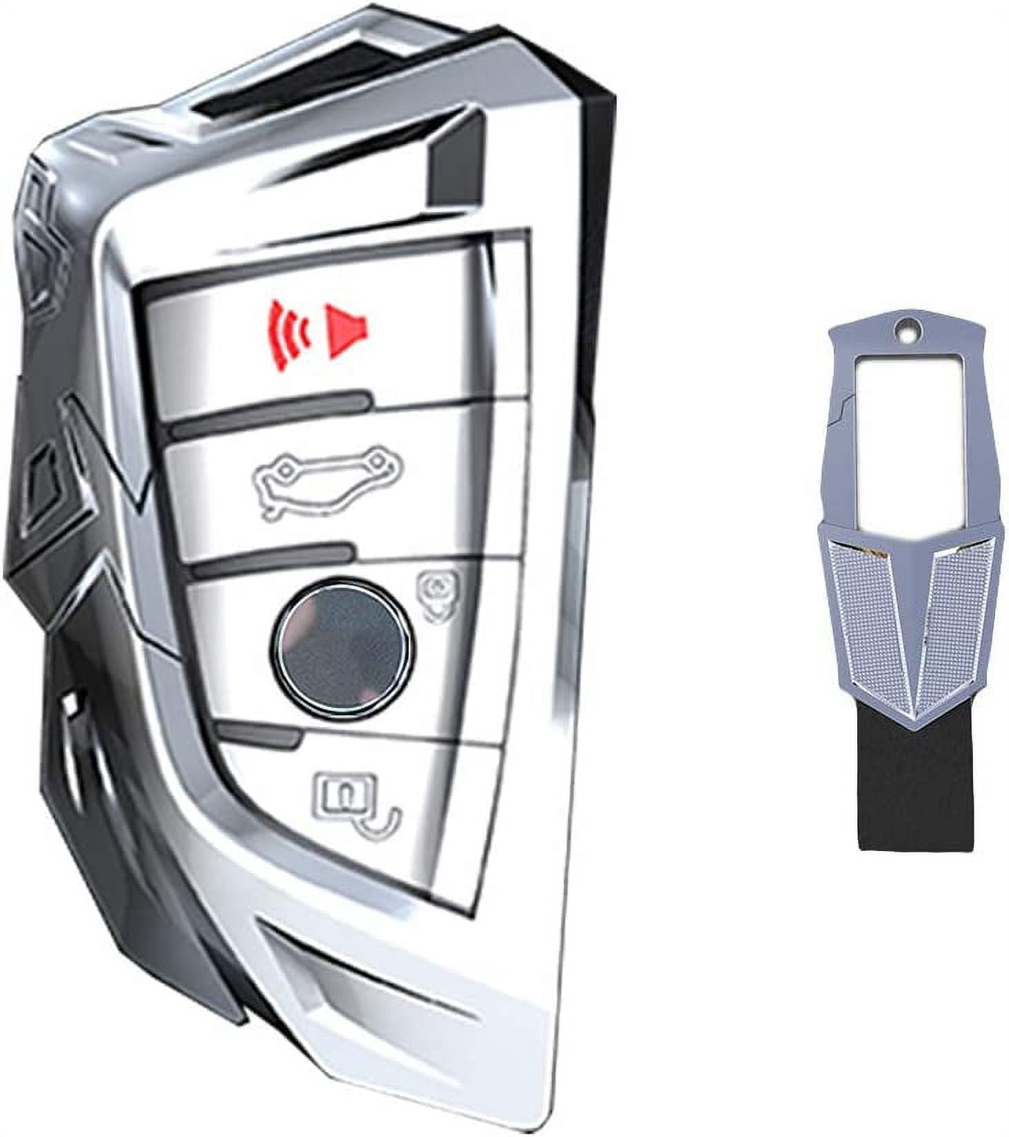 Metal Key Fob Cover for BMW X1 X2 X3 X5 X6 2 5 6 7 series, Protective Keyless Entry Smart Remote Key Case Holder 4 Buttons with Keychain (Gray B)