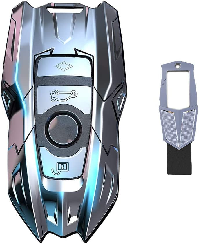 Metal Key Fob Cover for BMW X1 X2 X3 X5 X6 2 5 6 7 series, Protective Keyless Entry Smart Remote Key Case Holder 4 Buttons with Keychain (Gray B)