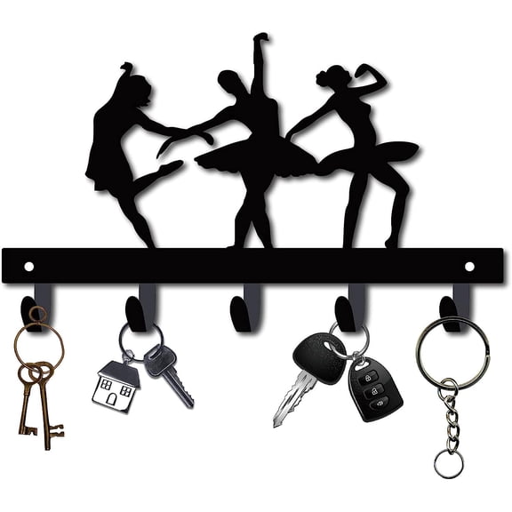 Metal Key Holder Ballet Dancer 10.6" Large Black Key Hooks Wall Mount Hanger Decor Hanging Organizer Decorative with 5 Hooks Human Pattern for DIY Front Door Entryway Cabinet Towel