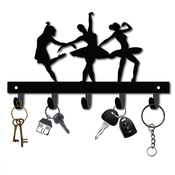 Metal Key Holder Ballet Dancer 10.6" Large Black Key Hooks Wall Mount Hanger Decor Hanging Organizer Decorative with 5 Hooks Human Pattern