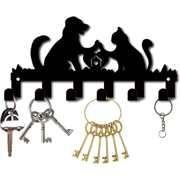 Metal Key Holder Black Key Hooks Organizer Hanger Rack Wall Mounted Decorative with 6 Hooks Dog and Cat Pattern