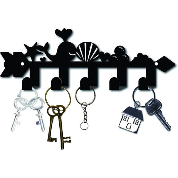 Metal Key Holder Black Key Hooks Wall Mount Hanger Decor Hanging Organizer Decorative with 5 Hooks Ocean Dolphin Starfish Shell Pattern 10.6 x 3.7 x 1.5 inches