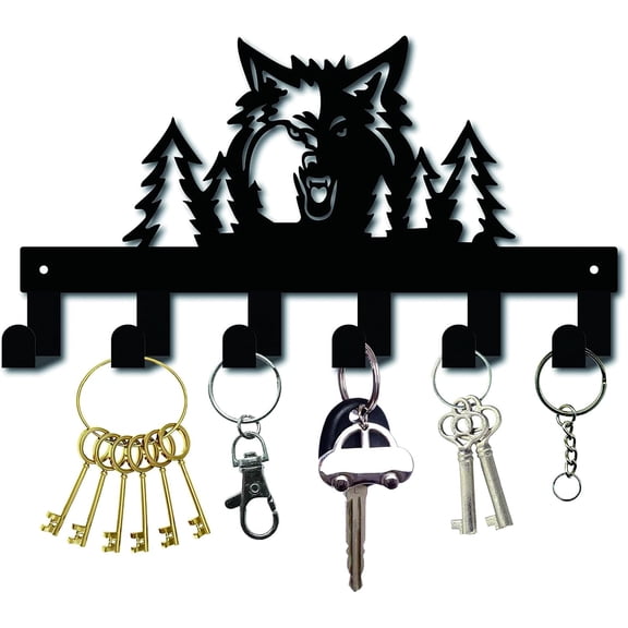 Metal Key Holder Black Key Hooks Wall Mount Hanger Decor Hanging Organizer Rock Decorative with 6 Hooks Wolf and Tree Pattern for Front Door Entryway Cabinet Towel 10.6 x 5.9 x 1.5 inches DIYDIY