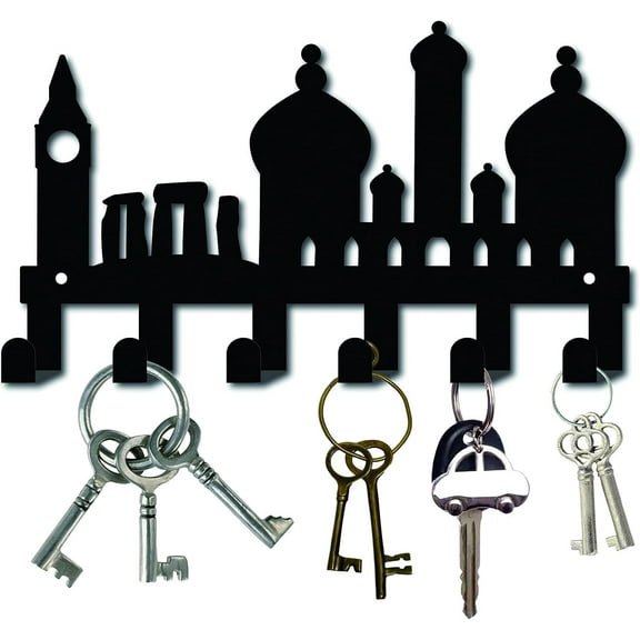 Metal Key Holder Black Key Hooks Wall Mount Hanger Decor Iron Hanging Organizer Decorative with 6 Hooks Building Tower Shape for Front Door Entryway Cabinet Towel 10.6 x 6.3 x 1.5 inches