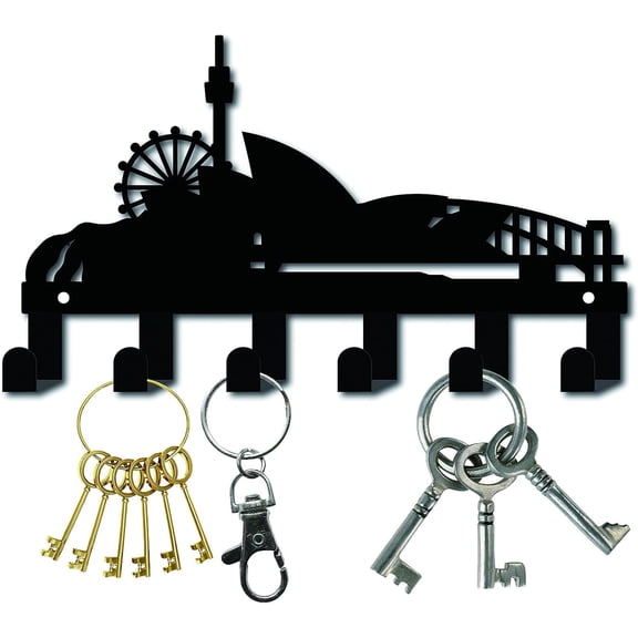 Metal Key Holder Black Key Hooks Wall Mount Hanger Decor Iron Hanging Organizer Rock Decorative with 6 Hooks Building Pattern for Front Door Entryway Cabinet Towel 10.6 x 6.3 x 1.5 inches DIY