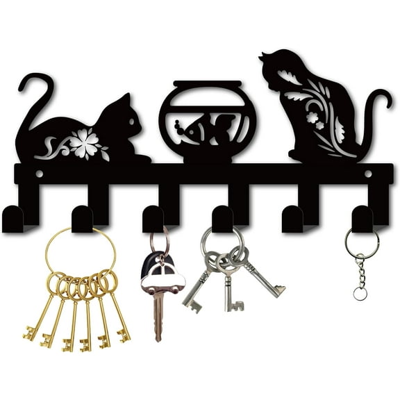 Metal Key Holder Black Key Hooks Wall Mounted Key Hooks Cat Fish Key Hanger Holder with 6 Hooks Metal Key Hanging Organizer Black Rack Wall Decor for Entryway Front Door 10.6x5Inch diy