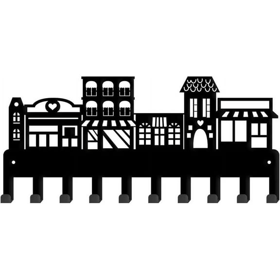 Metal Key Holder Metal Hook Rack Wall Mounted Key Organizer Houses Street Wall Key Holders Decorative Backpack Hangers for Wall Home Living Room Decoration 33×15cm