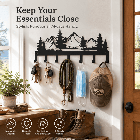 Metal Key Hook Rack, 7-Hook Wall Mounted Key Holder, Rustic Nature Wall Decor for Entryway, Mudroom & Cabin Black