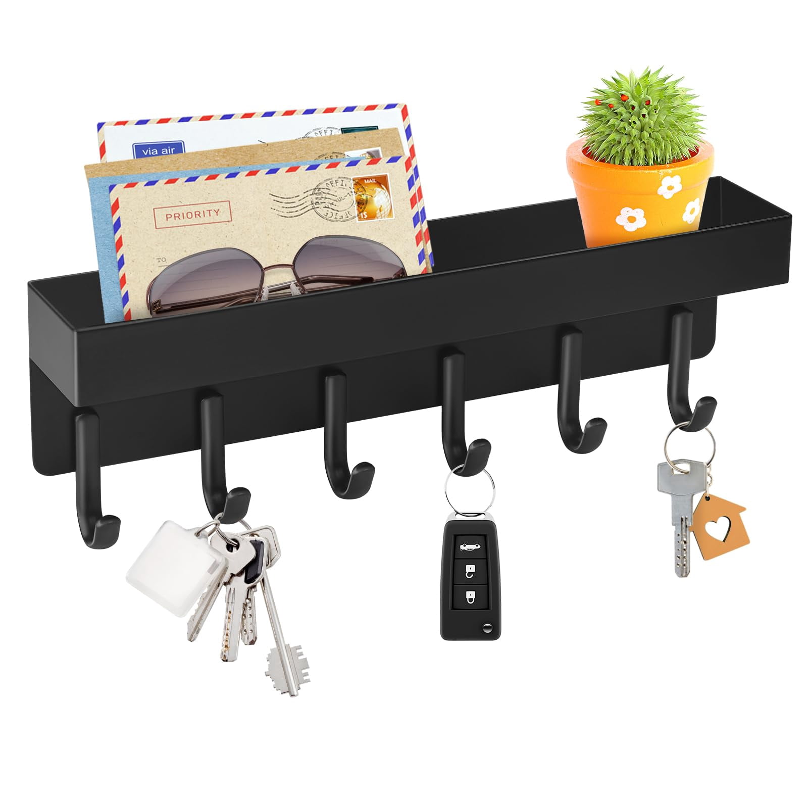 Metal Key Rack with Tray, 6 Wide Hooks for Multiple Keys, Adhesive or ...