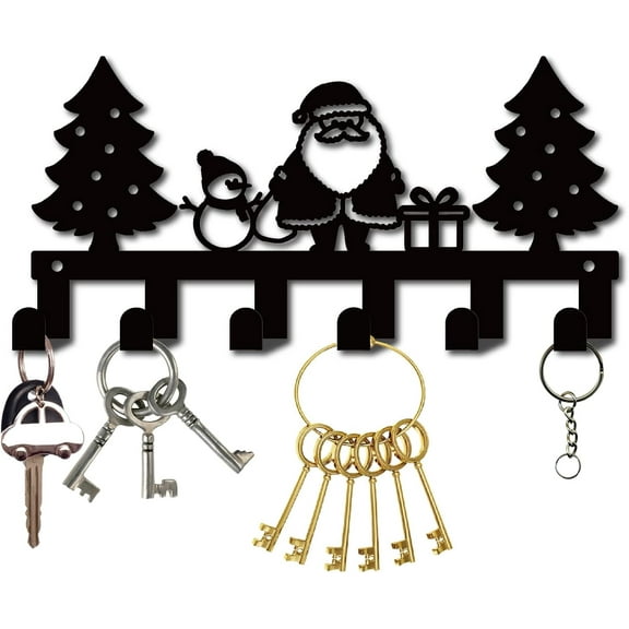 Metal Key Wall Holder Wall Key Hanger Black with 6 Hooks Christmas Tree Santa Claus Iron Decorative Hanging Mounted Rack for Home Entryway Front Door Hallway Office Keychain 10.6 x 5.1 Inch for DIY