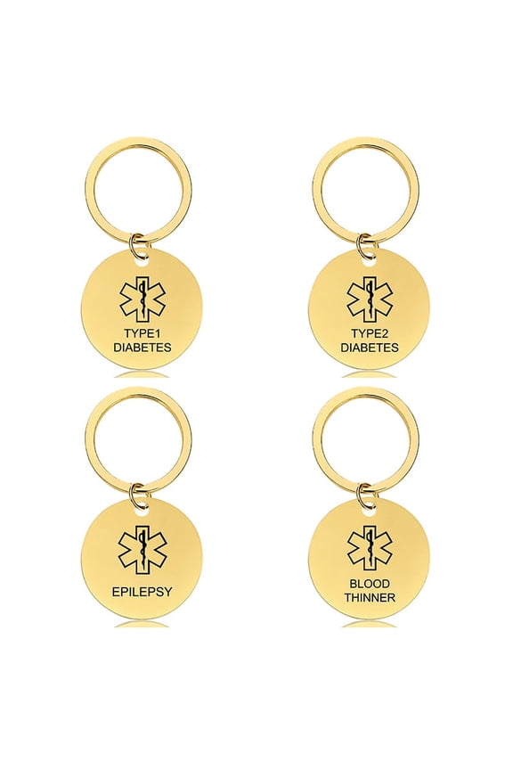 Metal Keychain with Black and Gold Round Life Star Medical Alert Symbol and Diabetic Warning Engraving