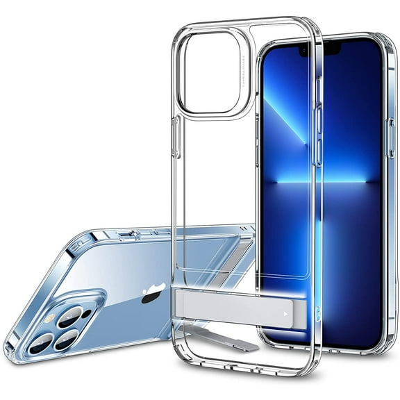 Metal Kickstand Case Compatible with iPhone 13 Pro Case, Patented Three-Way Stand, Reinforced Drop Protection, Slim Flexible Back Cover, Clear