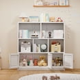 thumbnail image 1 of Metal Kids Bookcase Shelf Storage Cabinet with 3 Doors and 5 Open Cubbies Black White, 1 of 5