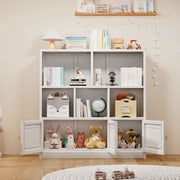 Metal Kids Bookcase Shelf Storage Cabinet with 3 Doors and 5 Open Cubbies Black White