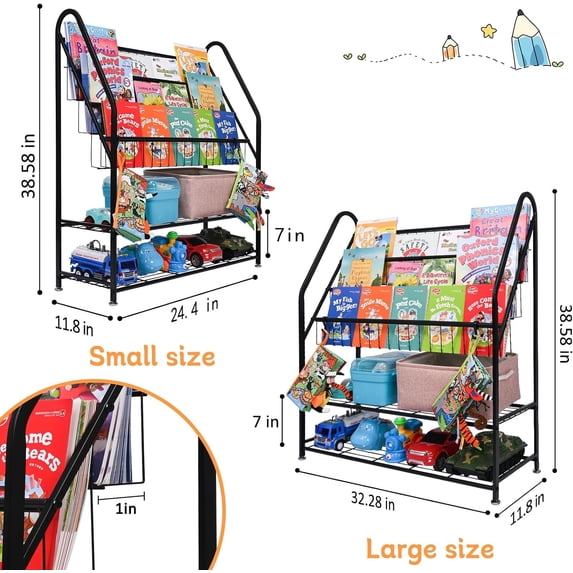 Metal Kids Bookshelf 5 Tier Ladder Style Bookcase with Toy Storage for Bedroom Living Room, Black Large